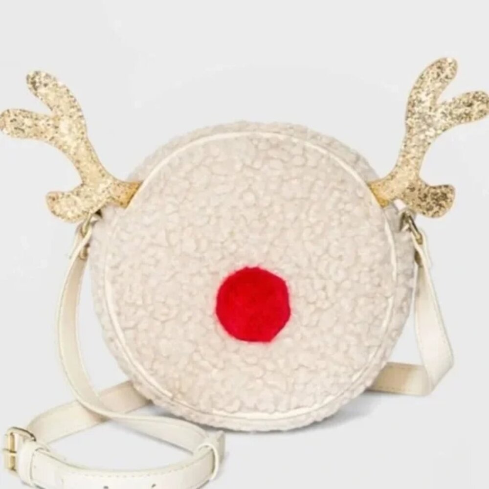 Mad Love Christmas Holiday Sherpa Reindeer Rudolf Round Purse Crossbody Bag